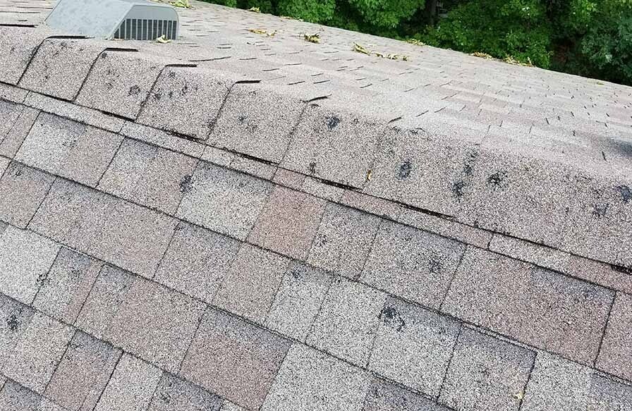 Hail damage - granule loss and bruising along shingle field and ridge