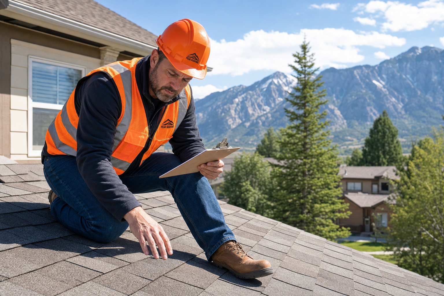 Impact Exteriors inspector documenting roof damage with Colorado mountains in background