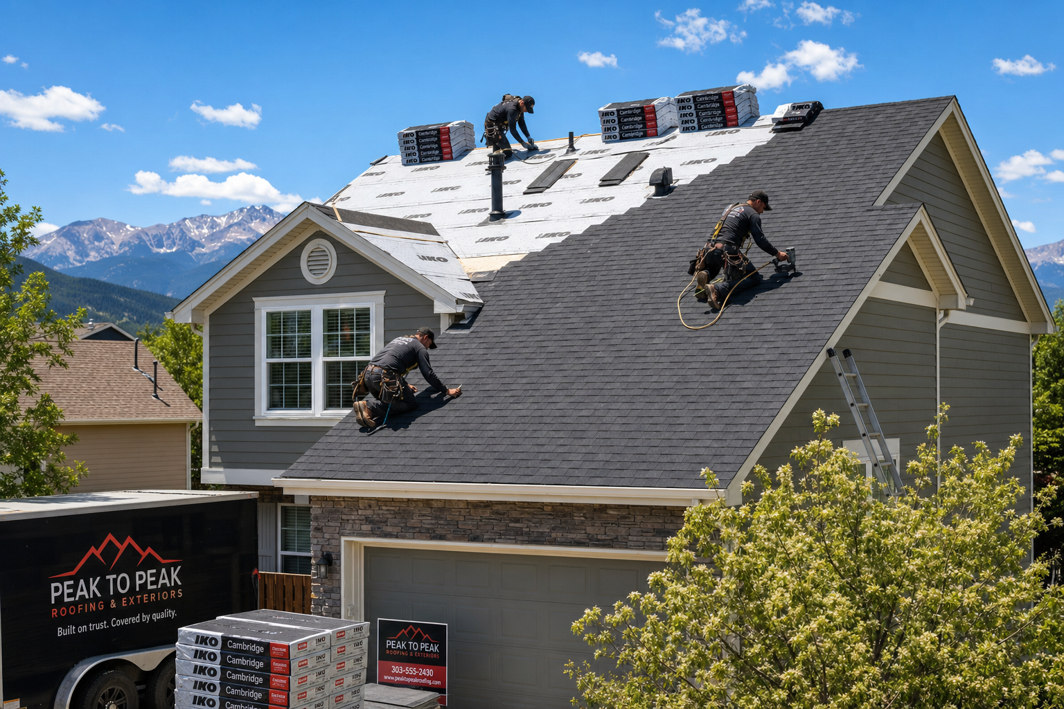 Residential roofing crew installing shingles on Colorado home